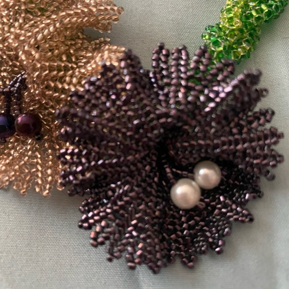 Vintage Artisan 14” Choker Necklace Beaded 2” Flowers On Multistrand Rope - Picture 3 of 5